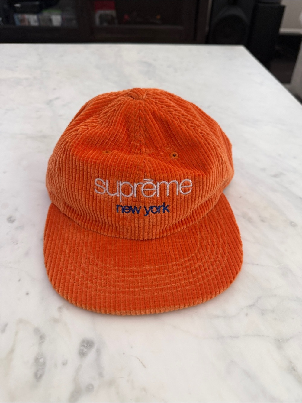 Supreme Orange Corduroy 6-Panel Cap with White & Blue Embroidery